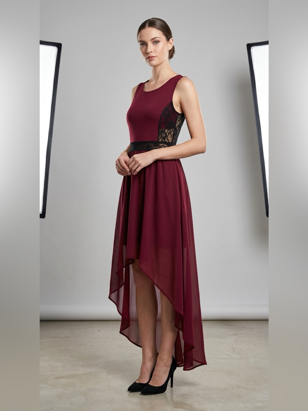 H&M Burgundy High-Low Lace Inset Dress